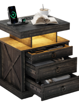 HENBC Nightstand with Gun Drawers, LED Night Stand with Charging Station, Smart End Table with 3 Colors Human Sensor Lights for Bedroom Furniture/Study Room(Brown)