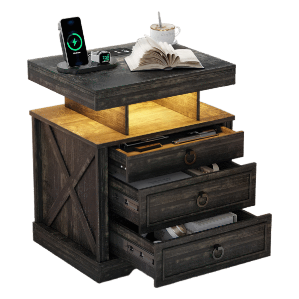 HENBC Nightstand with Gun Drawers, LED Night Stand with Charging Station, Smart End Table with 3 Colors Human Sensor Lights for Bedroom Furniture/Study Room(Brown)